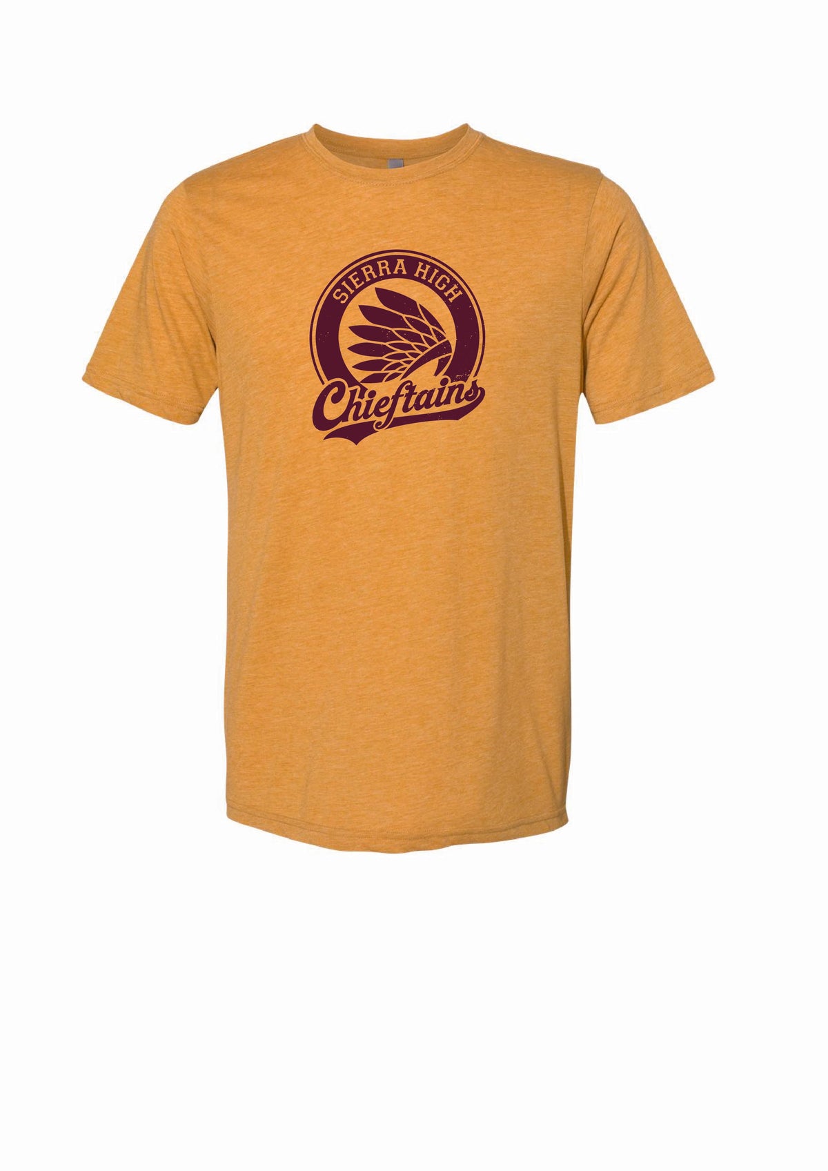 A heathered mustard yellow short-sleeve t-shirt with a dark maroon circular graphic on the chest reading 'Sierra High Chieftains' with an eagle emblem.