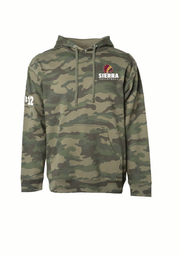 A camouflage pullover hoodie with a green and brown camo pattern, featuring a white 'SIERRA Volleyball' logo with a  graphic on the left chest and '#12' on the right sleeve, displayed on a solid white background.