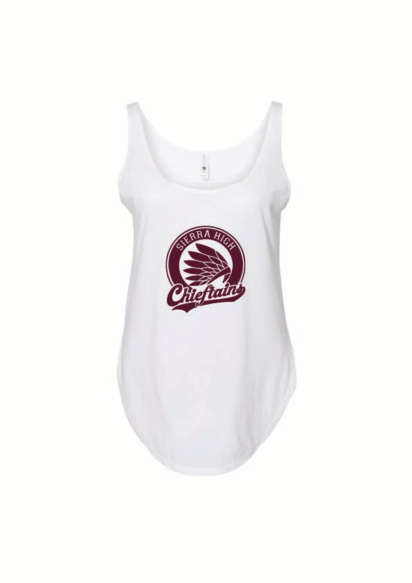 A white sleeveless tank top with a maroon circular graphic on the chest that reads 'Sierra high chieftains' with a winged emblem, shown against a plain white background.
