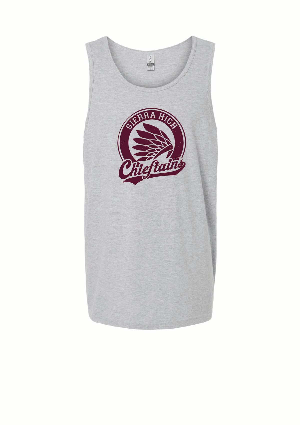 A light heather gray sleeveless tank top featuring a maroon circular graphic on the chest with a winged design and the words 'Sierra High Chieftains'.